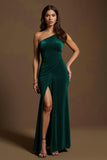 Dark Green Maxi Mermaid Velvet One Shoulder Holiday Party Dress with Slit