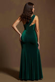 Dark Green Maxi Mermaid Velvet One Shoulder Holiday Party Dress with Slit