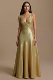 Sparkly Golden A Line Sequin V-Neck Backless Long Holiday Party Dress