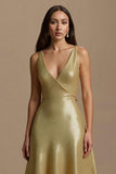 Sparkly Golden A Line Sequin V-Neck Backless Long Holiday Party Dress