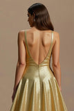 Sparkly Golden A Line Sequin V-Neck Backless Long Holiday Party Dress