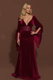Mermaid Long Burgundy Velvet V-Neck Holiday Party Dress with Sleeves