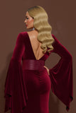 Mermaid Long Burgundy Velvet V-Neck Holiday Party Dress with Sleeves