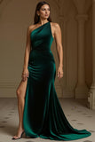 Long Dark Green One Shoulder Mermaid Velvet Holiday Party Dress with Slit