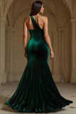 Long Dark Green One Shoulder Mermaid Velvet Holiday Party Dress with Slit