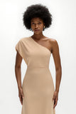 Maxi Champagne Sheath Satin One Shoulder Wedding Guest Dress