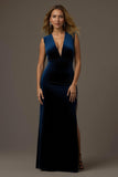Velvet Sheath Royal Blue V-Neck Long Holiday Party Dress with Slit