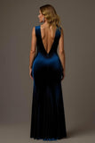 Velvet Sheath Royal Blue V-Neck Long Holiday Party Dress with Slit