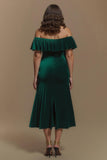 Dark Green Sheath Off the Shoulder Ruffled Long Holiday Party Dress with Slit