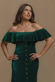 Dark Green Sheath Off the Shoulder Ruffled Long Holiday Party Dress with Slit