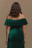 Dark Green Sheath Off the Shoulder Ruffled Long Holiday Party Dress with Slit