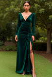 Dark Green Sheath V Neck Velvet Ruffled Long Holiday Party Dress with Slit