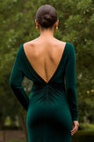 Dark Green Sheath V Neck Velvet Ruffled Long Holiday Party Dress with Slit