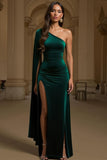 Sheath Velvet Dark Green One Shoulder Long Holiday Party Dress with Slit