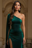 Sheath Velvet Dark Green One Shoulder Long Holiday Party Dress with Slit