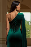 Sheath Velvet Dark Green One Shoulder Long Holiday Party Dress with Slit
