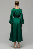 Dark Green A Line Satin Long Sleeves Holiday Party Dress with Rhinestones