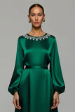 Dark Green A Line Satin Long Sleeves Holiday Party Dress with Rhinestones