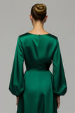 Dark Green A Line Satin Long Sleeves Holiday Party Dress with Rhinestones