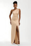 Champagne Satin One Shoulder Maxi Wedding Guest Dress with Slit