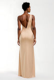 Champagne Satin One Shoulder Maxi Wedding Guest Dress with Slit
