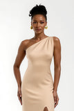 Champagne Satin One Shoulder Maxi Wedding Guest Dress with Slit