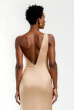 Champagne Satin One Shoulder Maxi Wedding Guest Dress with Slit