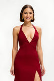 Red Satin Sheath Long Criss Cross Back Holiday Party Dress with Slit