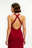 Red Satin Sheath Long Criss Cross Back Holiday Party Dress with Slit