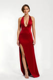 Maxi Red Satin Sheath V-Neck Holiday Party Dress with Slit