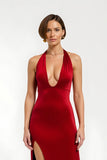 Maxi Red Satin Sheath V-Neck Holiday Party Dress with Slit