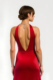 Maxi Red Satin Sheath V-Neck Holiday Party Dress with Slit