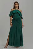 Dark Green Sheath Pleated Long Ruffled Holiday Party Dress with Slit