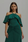 Dark Green Sheath Pleated Long Ruffled Holiday Party Dress with Slit
