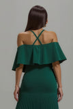 Dark Green Sheath Pleated Long Ruffled Holiday Party Dress with Slit
