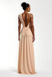 Satin Ruched Champagne Sheath Maxi Wedding Guest Dress