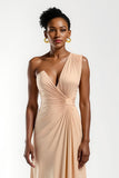 Satin Ruched Champagne Sheath Maxi Wedding Guest Dress