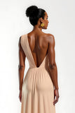 Satin Ruched Champagne Sheath Maxi Wedding Guest Dress