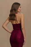 Burgundy Mermaid Halter Sequin Long Holiday Party Dress