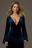 Maxi Royal Blue Velvet Sheath V-Neck Holiday Party Dress with Slit