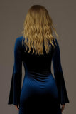 Maxi Royal Blue Velvet Sheath V-Neck Holiday Party Dress with Slit