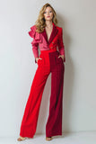 Red Patchwork Satin Ruffled Notched Lapel Prom Jumpsuit with Pockets