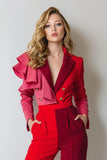 Red Patchwork Satin Ruffled Notched Lapel Prom Jumpsuit with Pockets