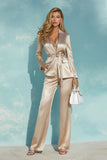 2 Piece Champagne Satin Notched Lapel Women's Business Suits with Sash