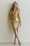 Golden Pencil Sparkly Sequins 2 Piece Midi Women Prom Suits