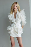 White 2 Piece Pencil Shawl Lapel Ruffled Short Business Suits