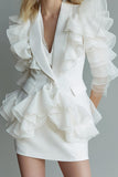 White 2 Piece Pencil Shawl Lapel Ruffled Short Business Suits