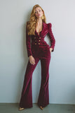 Burgundy 2 Piece Notched Lapel Velvet Fitted Prom Suits with Pockets