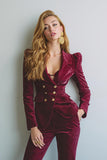 Burgundy 2 Piece Notched Lapel Velvet Fitted Prom Suits with Pockets