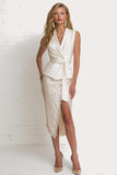 Sparkly Ivory Pencil Sleeveless 2 Piece Midi Party Suits with Slit